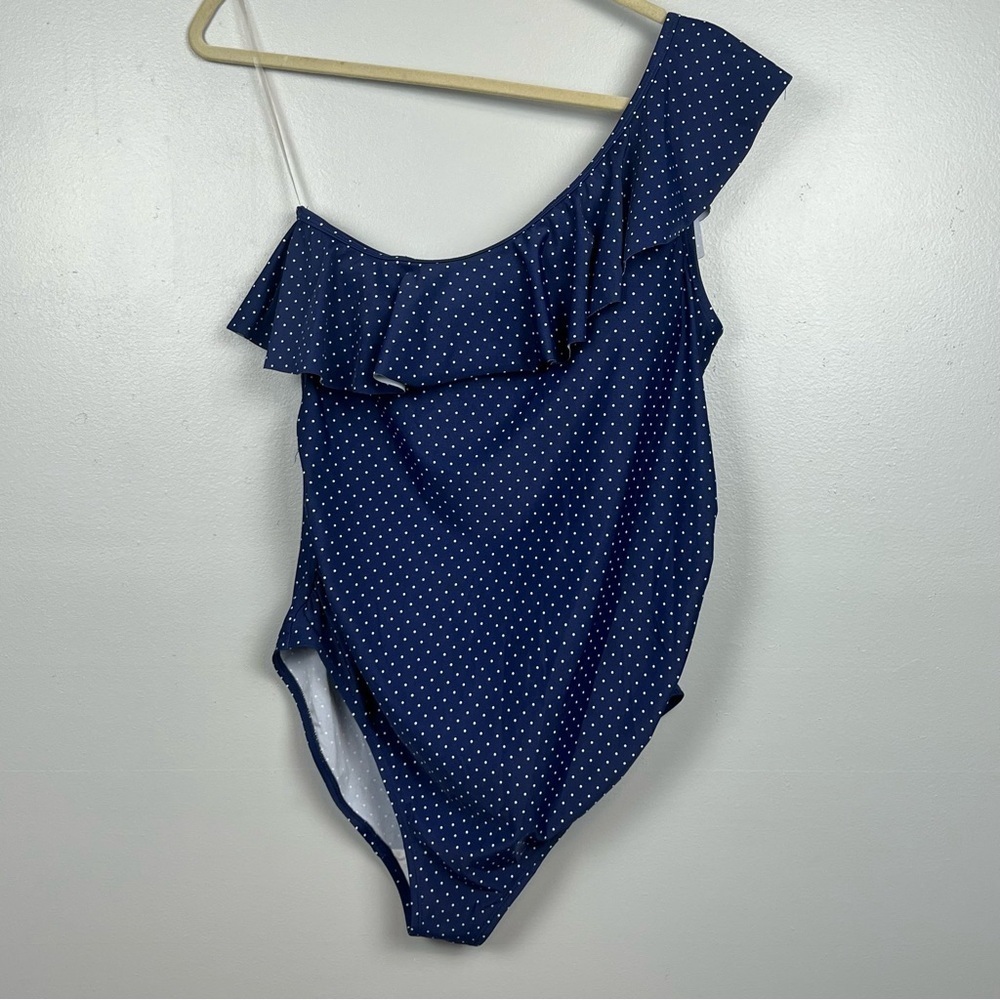 Motherhood Maternity navy polka dot one shoulder ruffle 1 piece swimsuit, medium